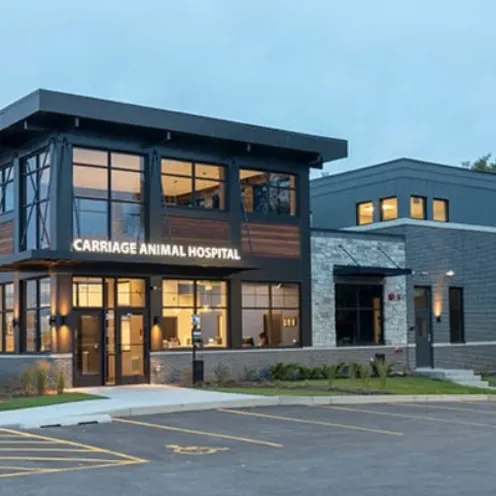 Exterior of Carriage Animal Hospital and parking lot